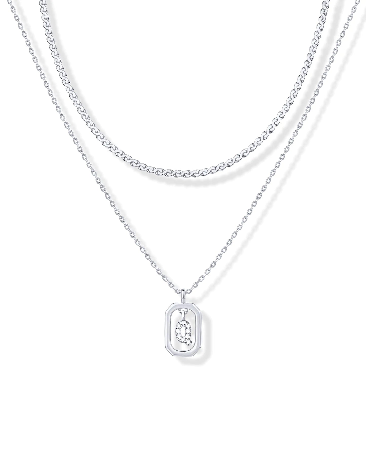 Rhodium Plated Cubic Zirconia Letter Pendant Layered Necklace | Framed Initial Letter Cable Singapore Chains Layering Necklaces for Women | Q Initial