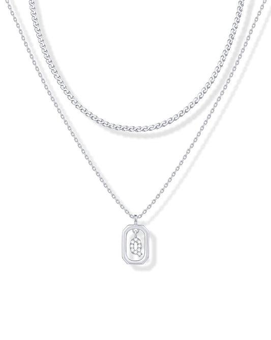 Rhodium Plated Cubic Zirconia Letter Pendant Layered Necklace | Framed Initial Letter Cable Singapore Chains Layering Necklaces for Women | Q Initial