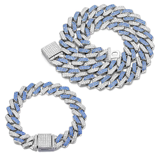 2 PC Iced Blue Cuban Diamond Set 20" & 8" for Men